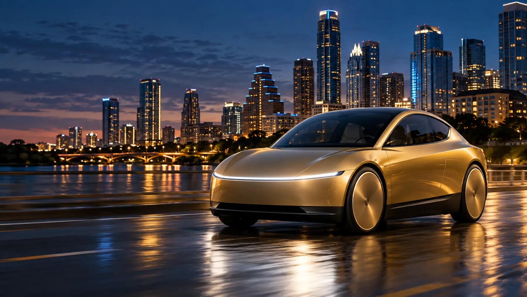 Gold autonomous Cybercab moving through a Texas city at dusk