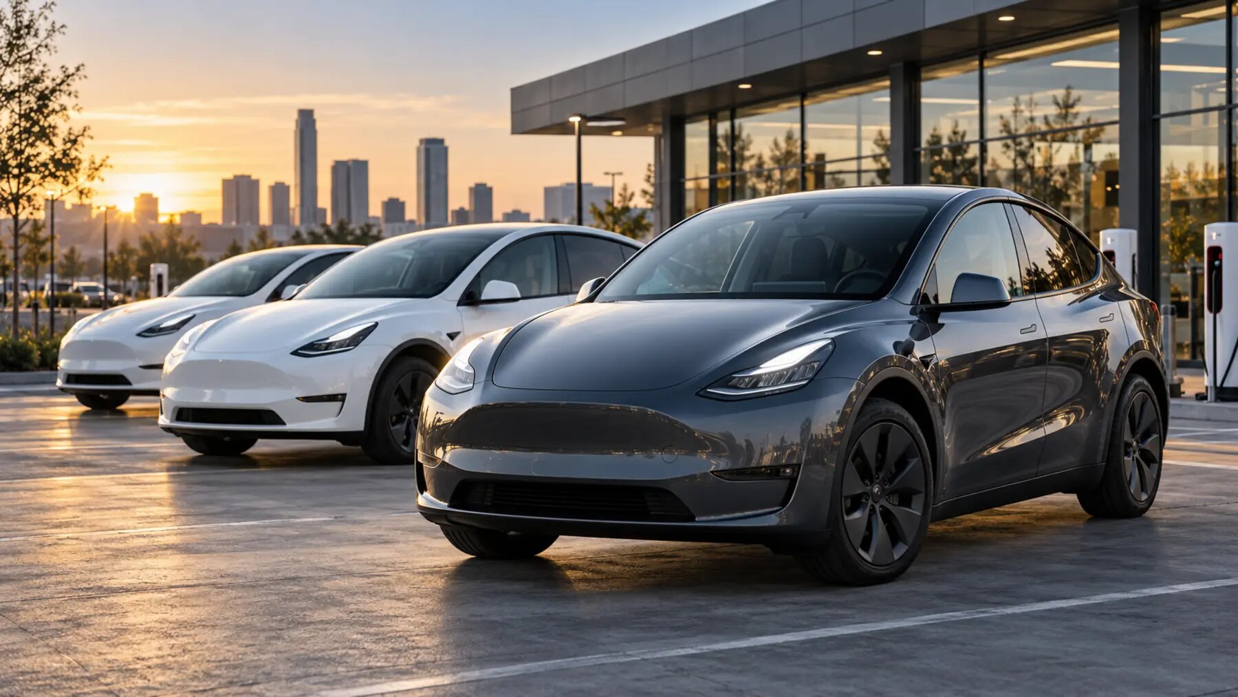 Tesla Model Y fleet at a modern Texas depot